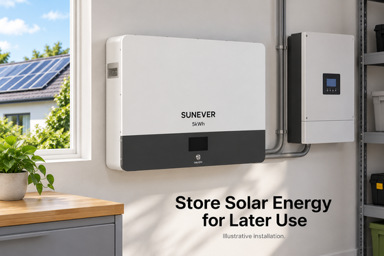 Baterai penyimpanan energi surya LiFePO4 SUNEVER 5kWh yang dipasang di dinding 51.2V 100Ah untuk sistem penyimpanan baterai surya