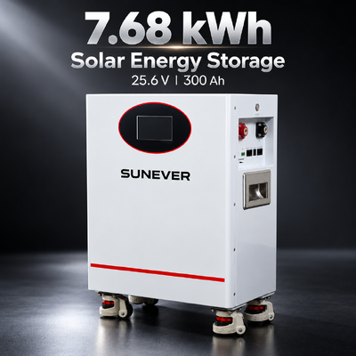 SUNEVER 7.68kWh 25.6V 300Ah Baterai Lithium LiFePO4 untuk Penyimpanan Energi Rumah dan Daya Cadangan Off-Grid