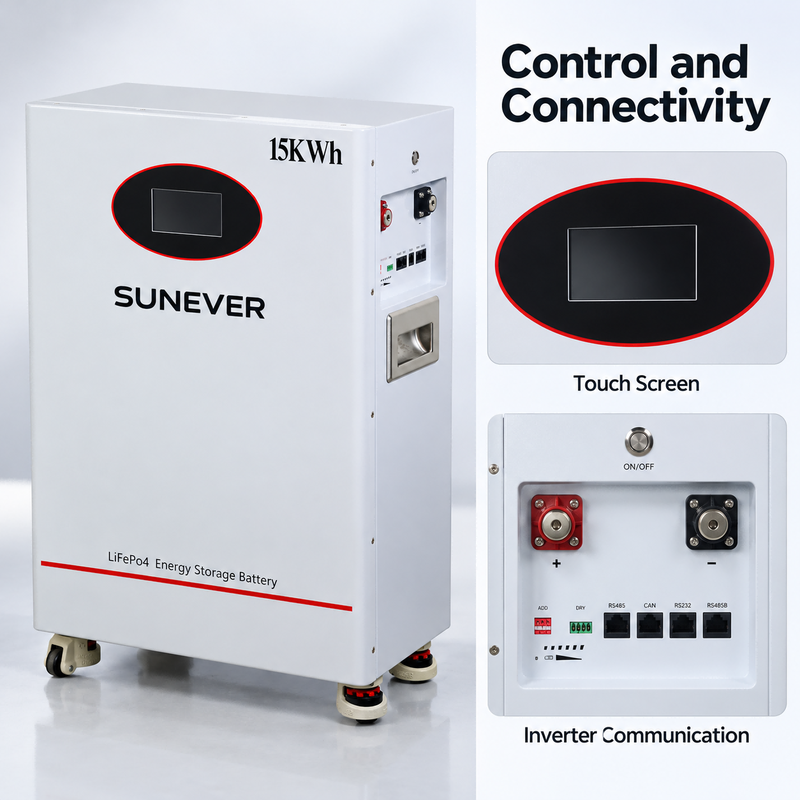 Baterai Penyimpanan Surya SUNEVER TD-15 51.2V 300Ah LiFePO4 15.36kWh 200A CAN RS485 Berdiri Lantai